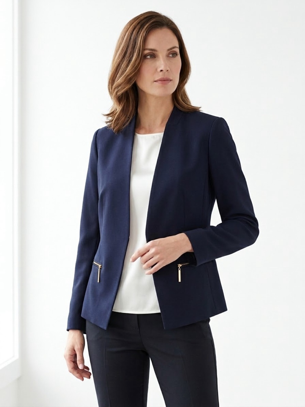 NWT Carmen Carmen Marc Valvo Navy Blue Collarless Zip Blazer Jacket 14